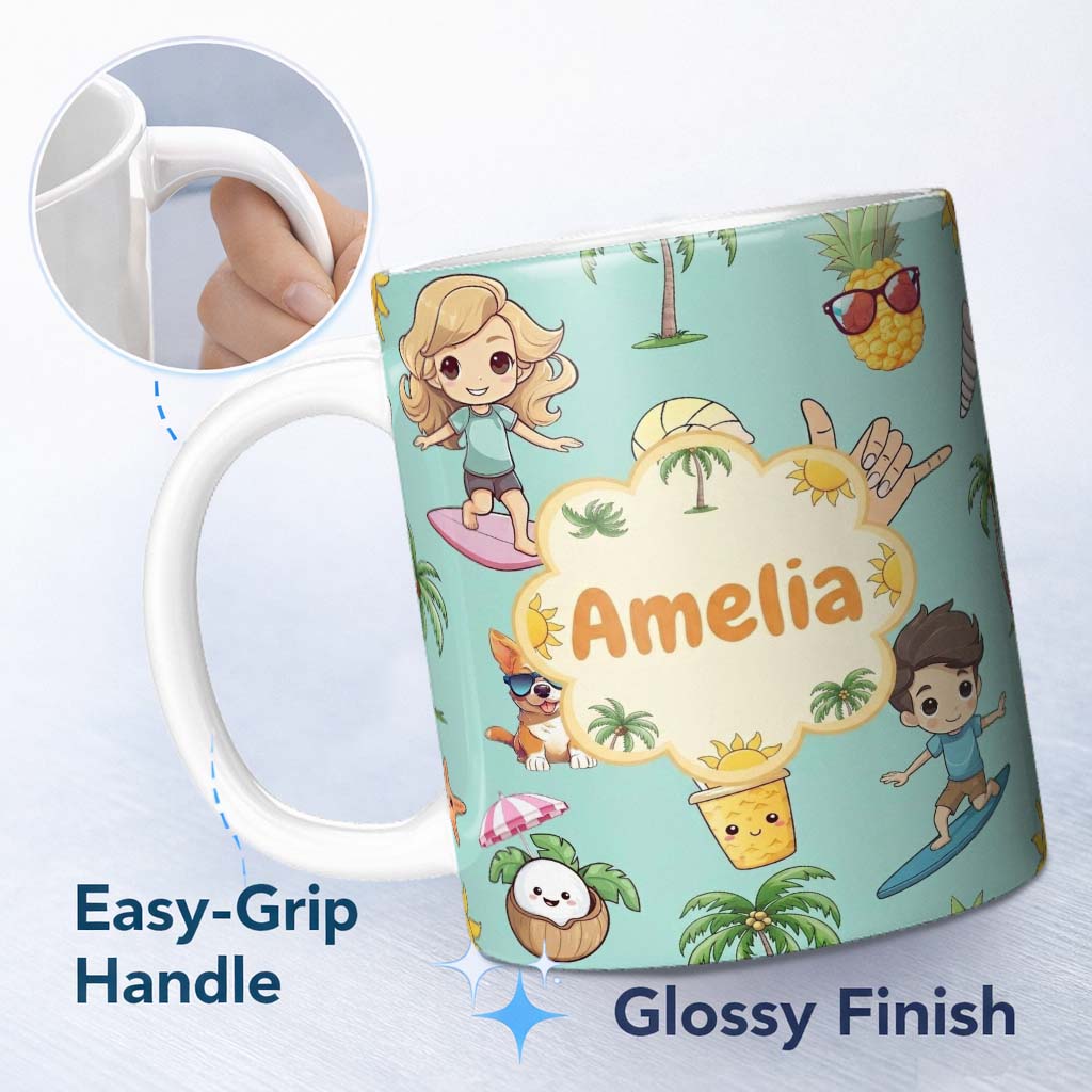 Personalized Custom Name Cute Summer Beach Kids Surfing Sun Pineapple Dog Teal Seamless 11oz Ceramic Coffee Tea Mug White Large Handle