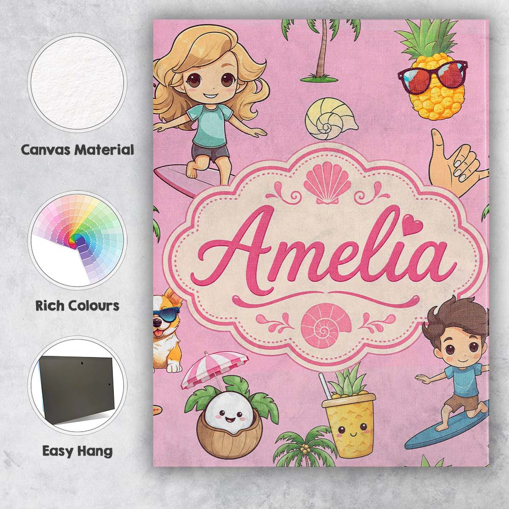 Personalised Name Cute Summer Beach Kids Custom Unique Gift Idea Elegant Feature Canvas Wall Art Print Decor Picture Ready to Hang