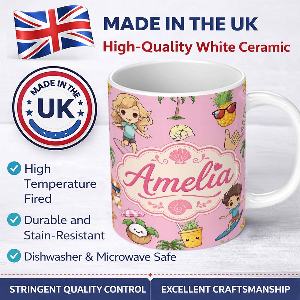Personalized Custom Name Cute Summer Beach Kids Surfing Sun Pineapple Dog Pink Seamless 11oz Ceramic Coffee Tea Mug White Large Handle