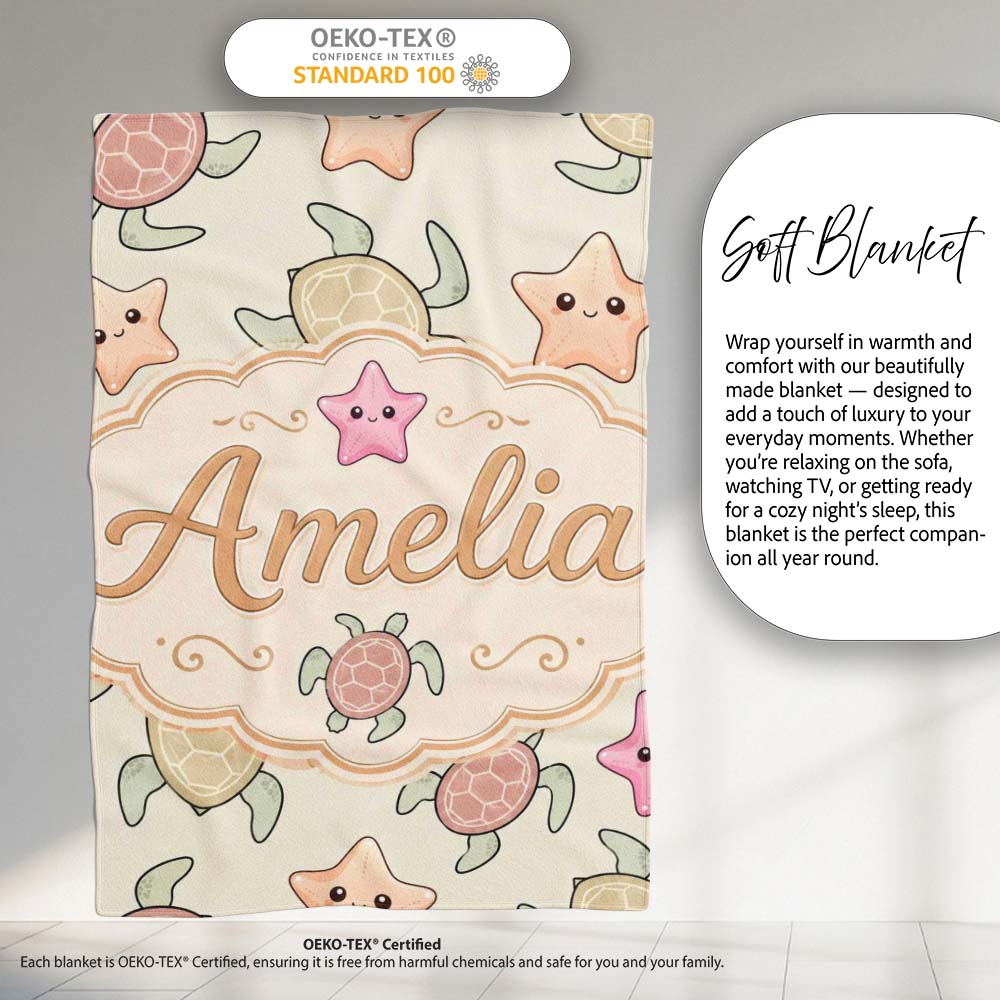 Cute Sea Turtles And Starfish Kawaii Ocean Seamless Pattern Name Personalised Custom Name Super Soft Fleece Blanket Bed Sofa Throw