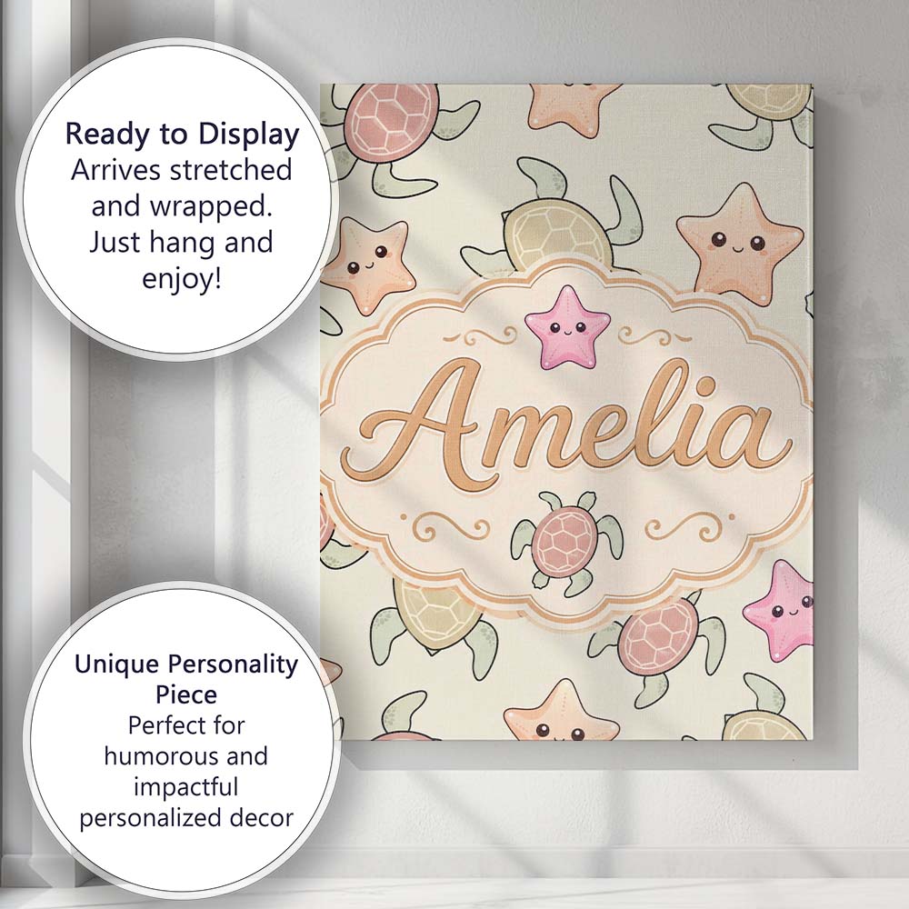 Personalised Name Cute Sea Turtles And Custom Modern Room Accent Elegant Feature Canvas Wall Art Print Decor Picture Ready to Hang