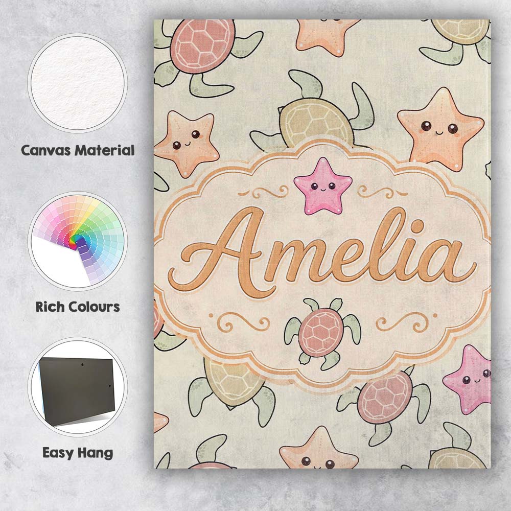 Personalised Name Cute Sea Turtles And Custom Modern Room Accent Elegant Feature Canvas Wall Art Print Decor Picture Ready to Hang