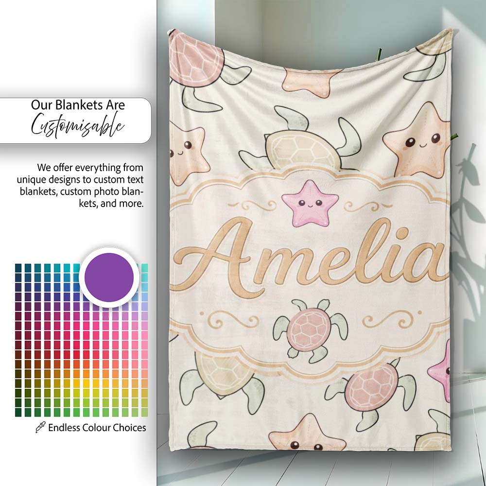 Cute Sea Turtles And Starfish Kawaii Ocean Seamless Pattern Name Personalised Custom Name Super Soft Fleece Blanket Bed Sofa Throw