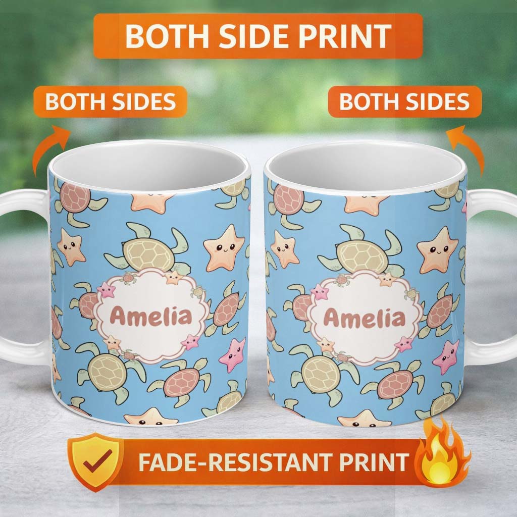 Personalized Custom Name Cute Sea Turtles And Starfish Kawaii Blue Ocean Seamless Pattern 11oz Ceramic Coffee Tea Mug White Large Handle
