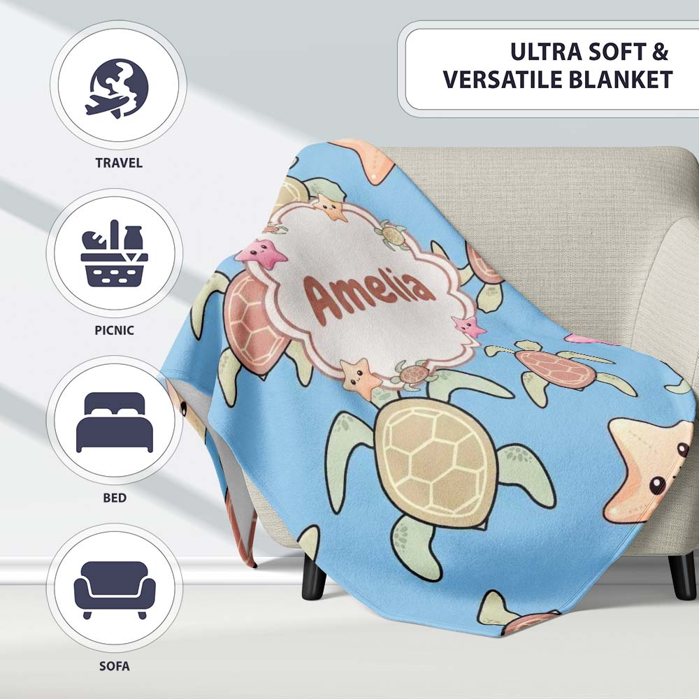 Cute Sea Turtles And Starfish Kawaii Blue Ocean Seamless Pattern Personalised Custom Name Super Soft Fleece Blanket Bed Sofa Throw