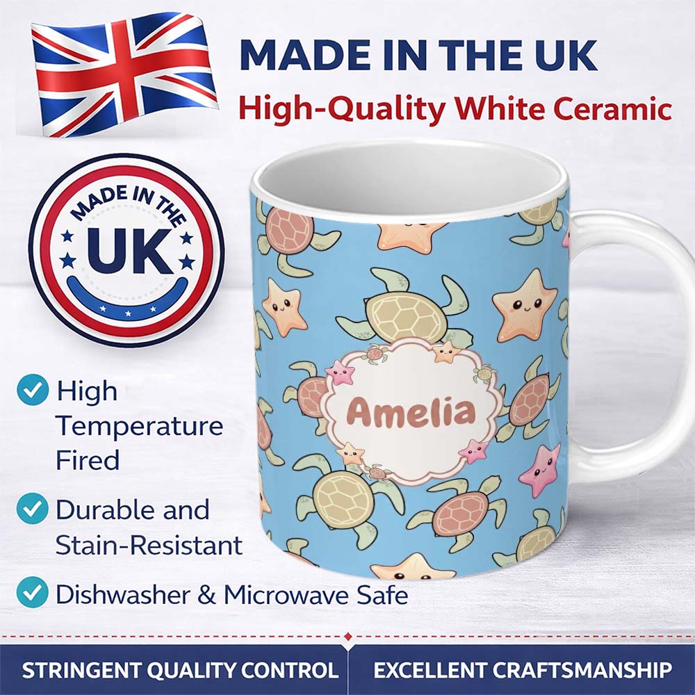 Personalized Custom Name Cute Sea Turtles And Starfish Kawaii Blue Ocean Seamless Pattern 11oz Ceramic Coffee Tea Mug White Large Handle