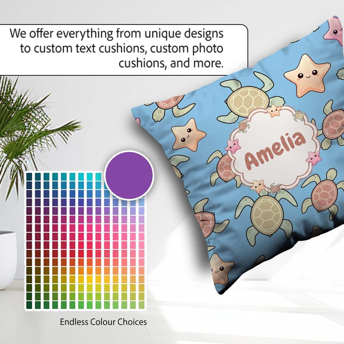 Custom Name Sea Turtles And Starfish Blue Ocean Seamless Pattern Square Filled Cushion Throw Pillow Sofa Bed Home Decor Zip Washable UK Made