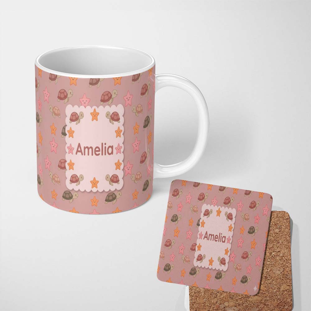 Personalized Custom Name Cute Sea Turtles And Starfish Kawaii Peach Seamless Pattern Name 11oz Ceramic Coffee Tea Mug White Large Handle