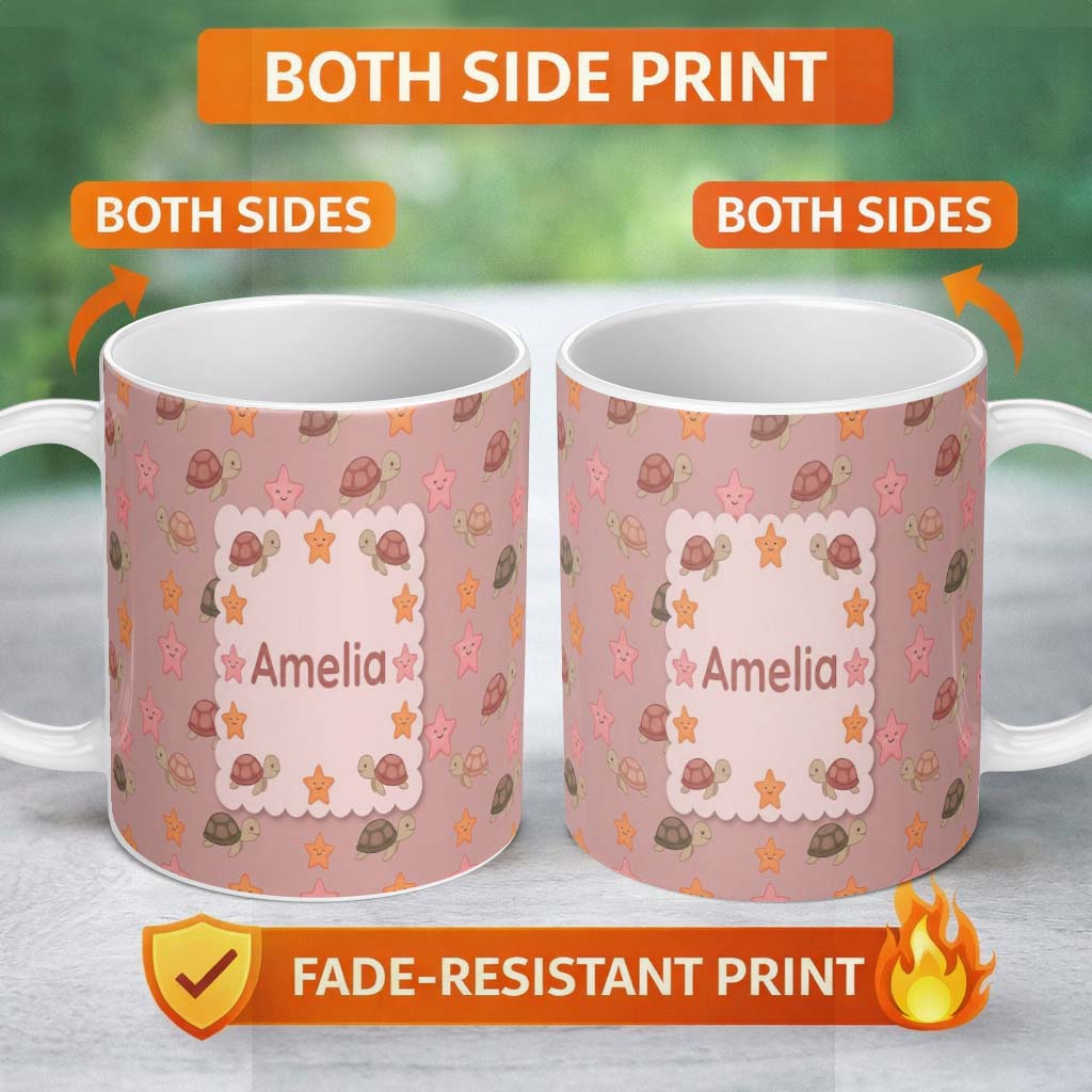 Personalized Custom Name Cute Sea Turtles And Starfish Kawaii Peach Seamless Pattern Name 11oz Ceramic Coffee Tea Mug White Large Handle