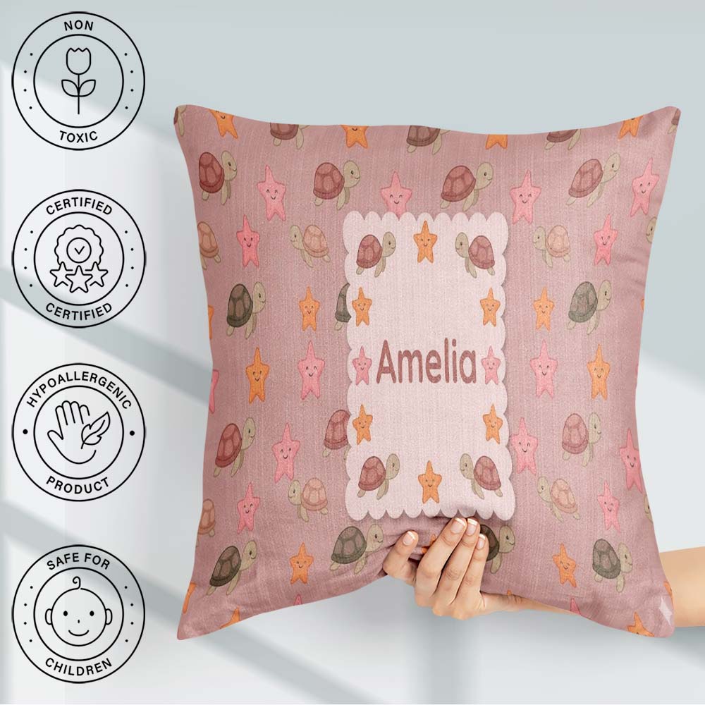 Custom Name Sea Turtles And Starfish Peach Seamless Pattern Name Square Filled Cushion Throw Pillow Sofa Bed Home Decor Zip Washable UK Made