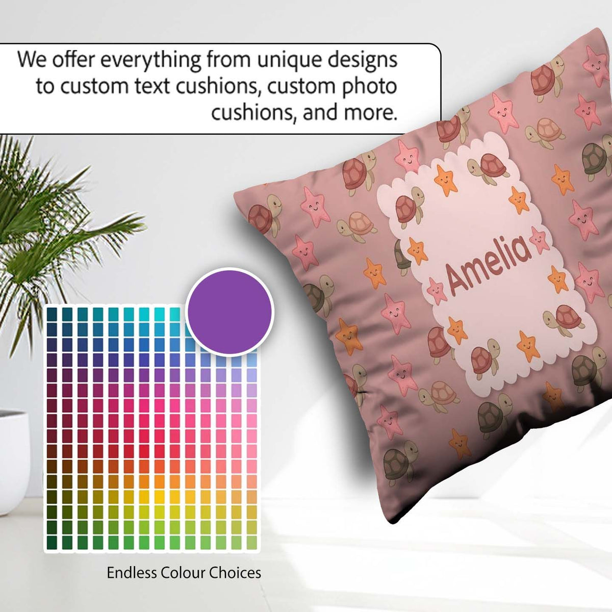 Custom Name Sea Turtles And Starfish Peach Seamless Pattern Name Square Filled Cushion Throw Pillow Sofa Bed Home Decor Zip Washable UK Made