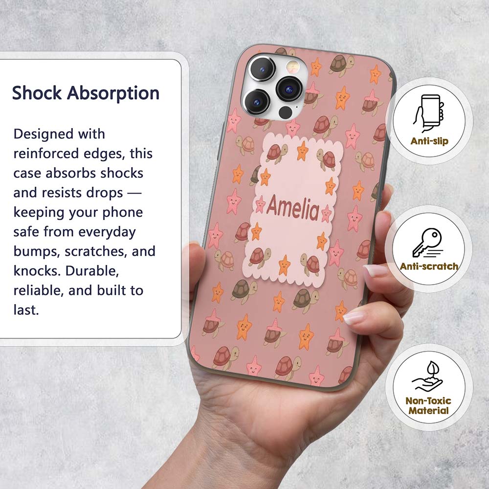Cute Sea Turtles And Starfish Printed Design Custom Name Protective Phone Case Mobile Cover Durable Everyday Smartphone Shock Resistant