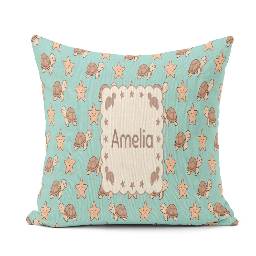 Custom Name Sea Turtles And Starfish Teal Seamless Pattern Name Square Filled Cushion Throw Pillow Sofa Bed Home Decor Zip Washable UK Made