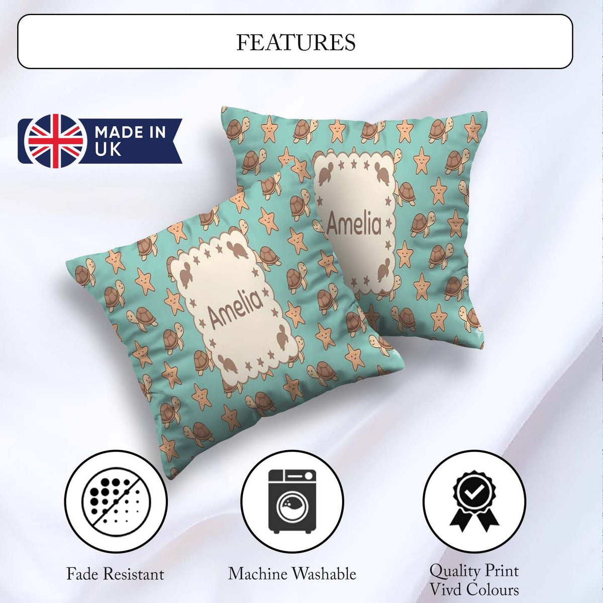 Custom Name Sea Turtles And Starfish Teal Seamless Pattern Name Square Filled Cushion Throw Pillow Sofa Bed Home Decor Zip Washable UK Made