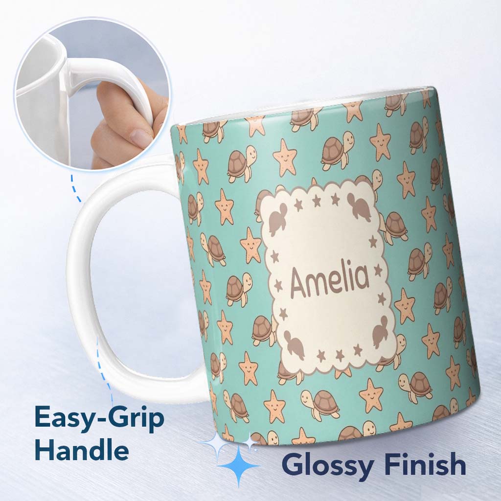 Personalized Custom Name Cute Sea Turtles And Starfish Kawaii Teal Seamless Pattern Name 11oz Ceramic Coffee Tea Mug White Large Handle