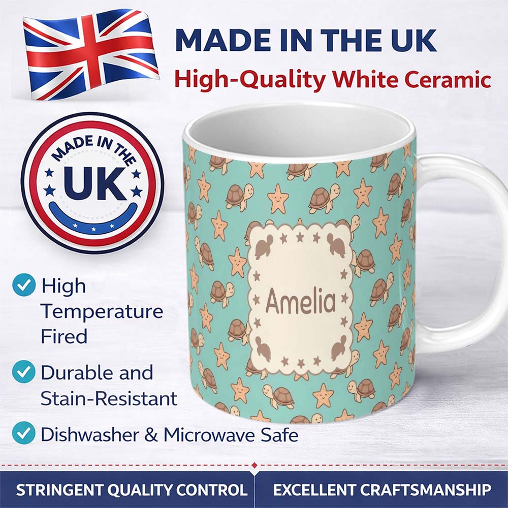 Personalized Custom Name Cute Sea Turtles And Starfish Kawaii Teal Seamless Pattern Name 11oz Ceramic Coffee Tea Mug White Large Handle