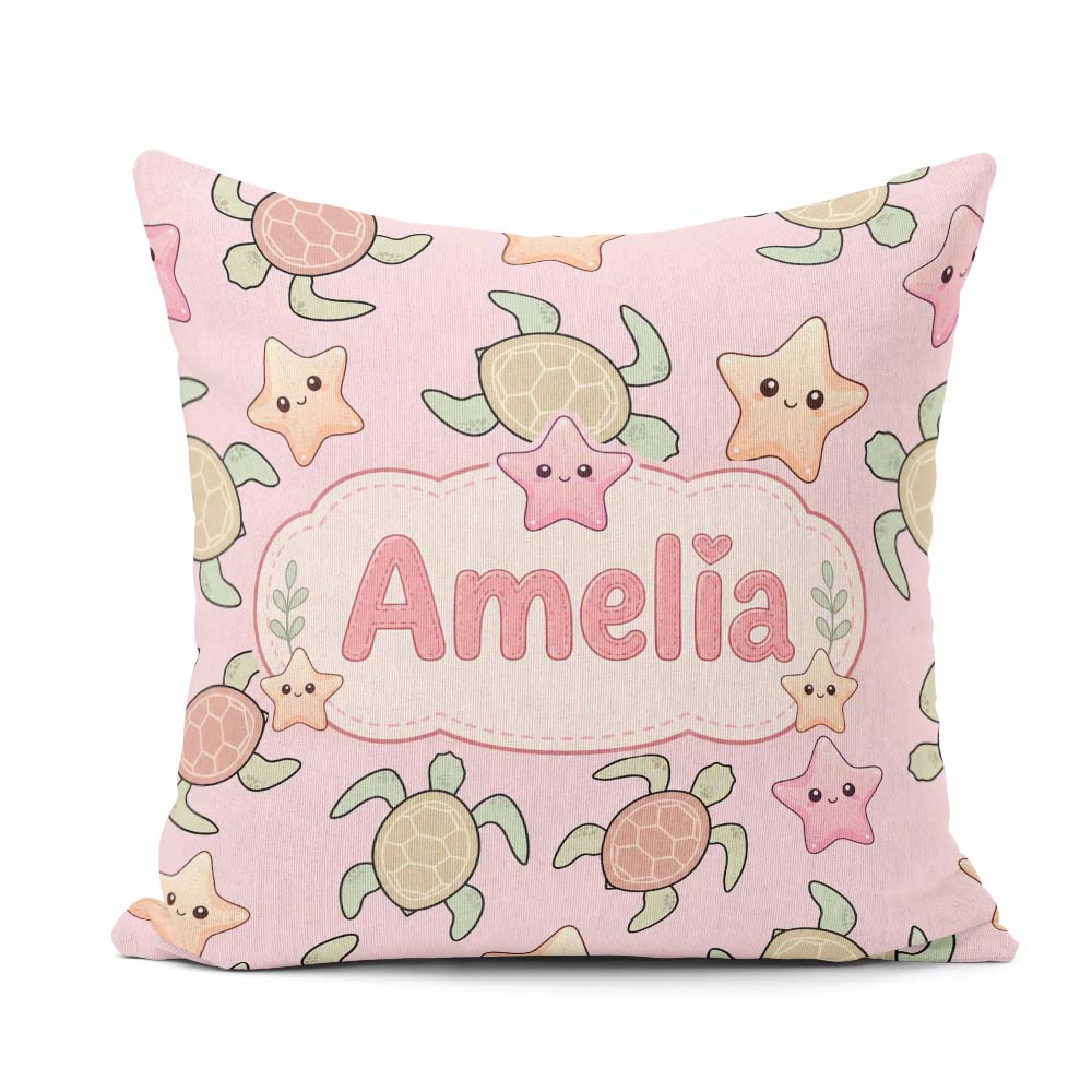 Custom Name Sea Turtles And Starfish Pink Ocean Seamless Pattern Square Filled Cushion Throw Pillow Sofa Bed Home Decor Zip Washable UK Made