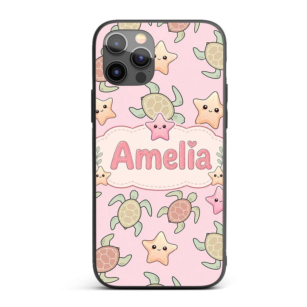Cute Sea Turtles And Starfish Kawaii Pink Ocean Custom Name Protective Phone Case Mobile Cover Durable Everyday Smartphone Shock Resistant