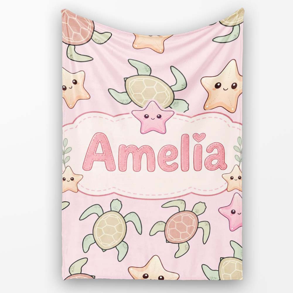 Cute Sea Turtles And Starfish Kawaii Pink Ocean Seamless Pattern Personalised Custom Name Super Soft Fleece Blanket Bed Sofa Throw
