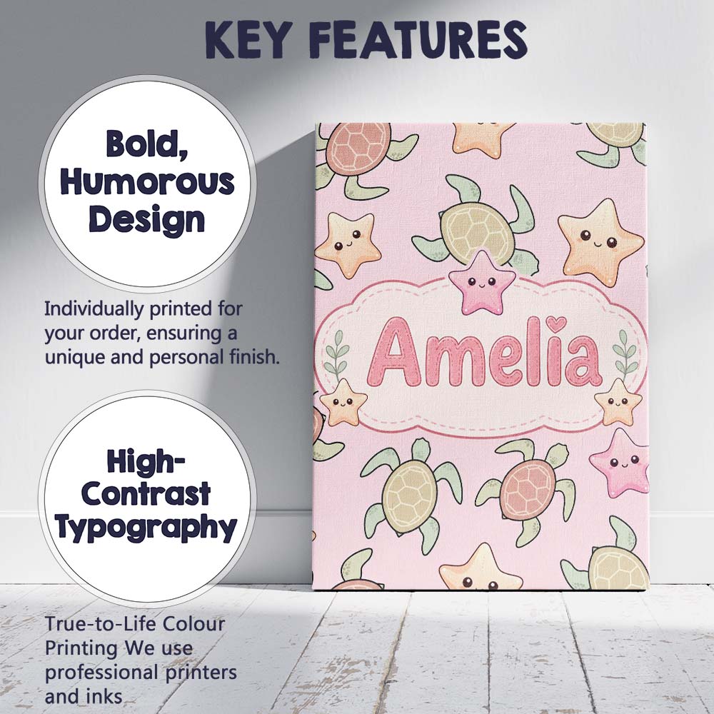 Personalised Name Cute Sea Turtles And Custom Modern Room Accent Elegant Feature Canvas Wall Art Print Decor Picture Ready to Hang