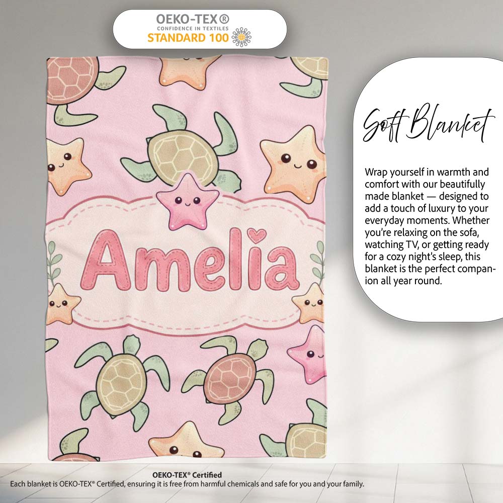 Cute Sea Turtles And Starfish Kawaii Pink Ocean Seamless Pattern Personalised Custom Name Super Soft Fleece Blanket Bed Sofa Throw