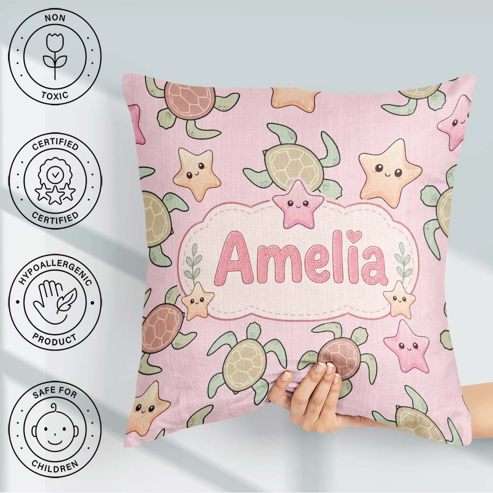 Custom Name Sea Turtles And Starfish Pink Ocean Seamless Pattern Square Filled Cushion Throw Pillow Sofa Bed Home Decor Zip Washable UK Made