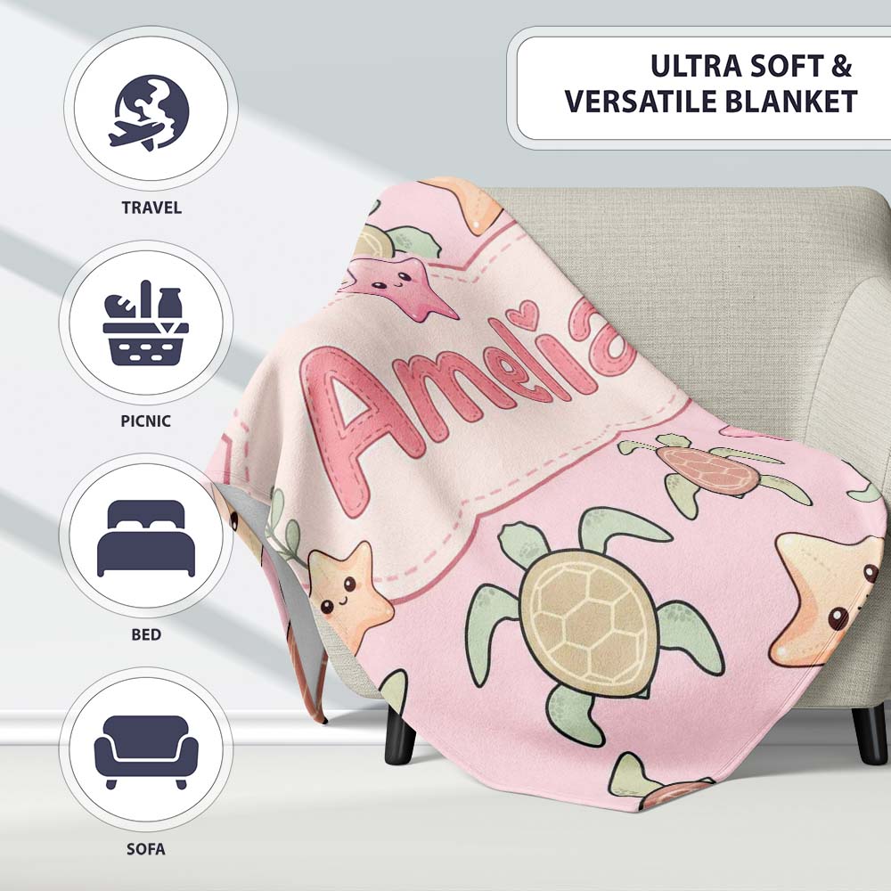 Cute Sea Turtles And Starfish Kawaii Pink Ocean Seamless Pattern Personalised Custom Name Super Soft Fleece Blanket Bed Sofa Throw