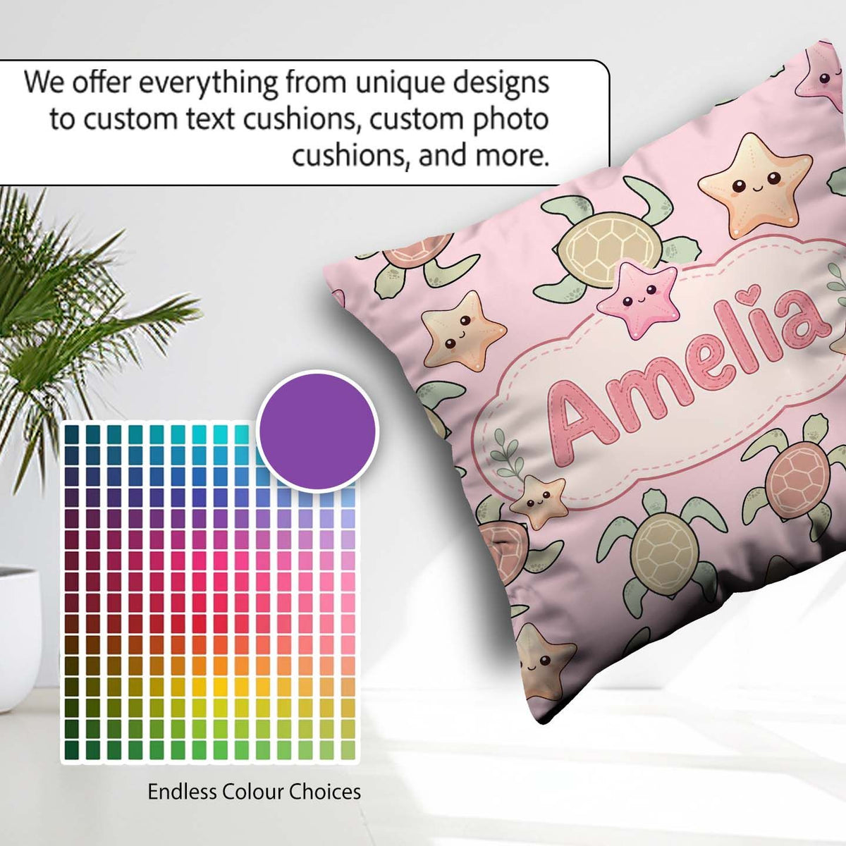 Custom Name Sea Turtles And Starfish Pink Ocean Seamless Pattern Square Filled Cushion Throw Pillow Sofa Bed Home Decor Zip Washable UK Made