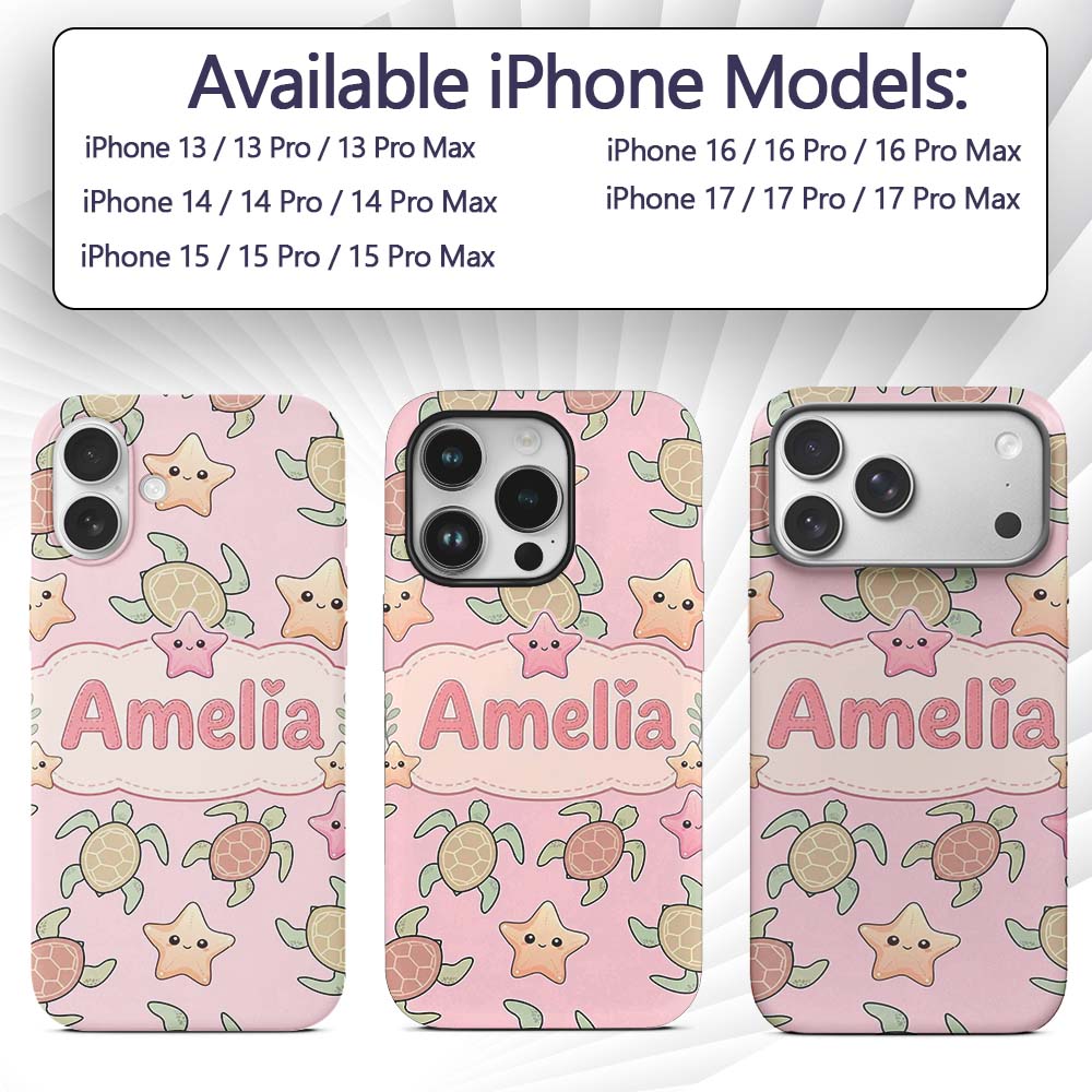 Cute Sea Turtles And Starfish Kawaii Pink Ocean Custom Name Protective Phone Case Mobile Cover Durable Everyday Smartphone Shock Resistant