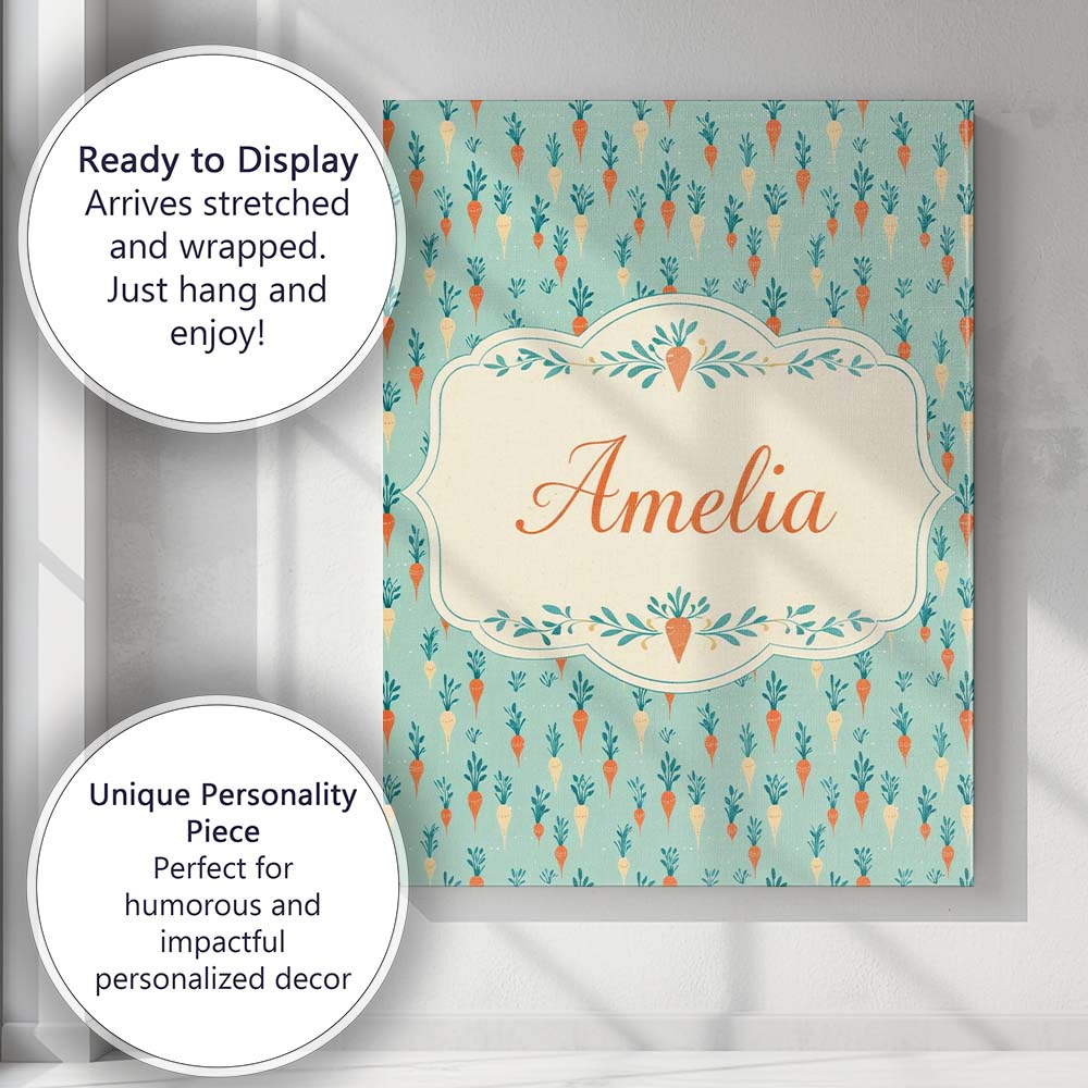 Personalised Name Pastel Carrot Folk Style Seamless Pattern Mint Custom Interior Canvas Wall Art Print Decor Picture Ready to Hang