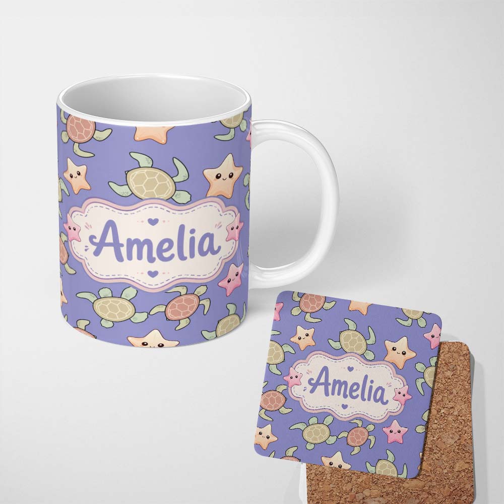 Personalized Custom Name Cute Sea Turtles And Starfish Kawaii Purple Ocean Seamless Pattern 11oz Ceramic Coffee Tea Mug White Large Handle