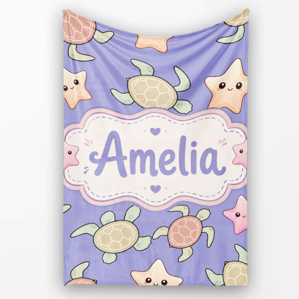 Cute Sea Turtles And Starfish Kawaii Purple Ocean Seamless Pattern Personalised Custom Name Super Soft Fleece Blanket Bed Sofa Throw
