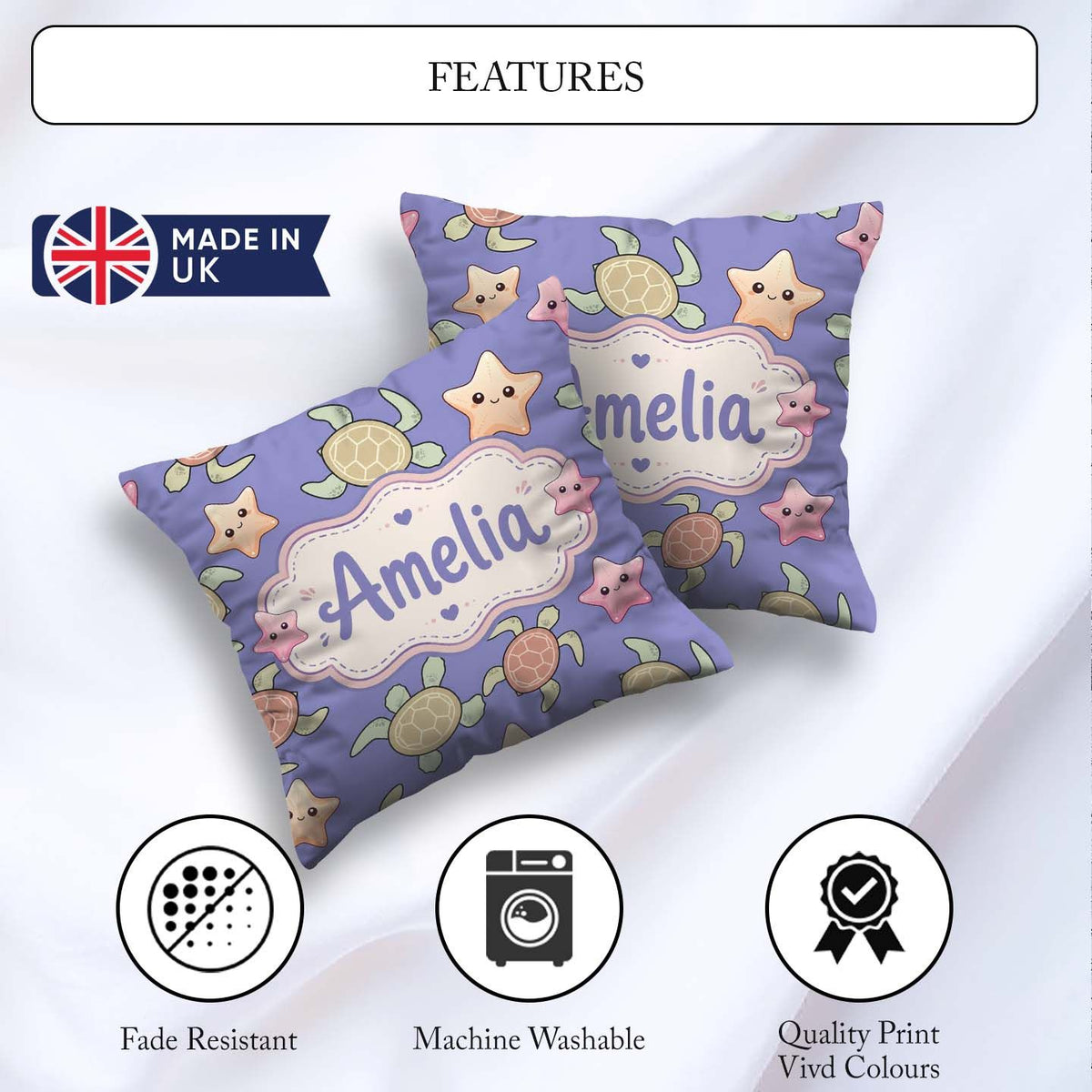 Custom Name Sea Turtles And Starfish Kawaii Purple Ocean Pattern Square Filled Cushion Throw Pillow Sofa Bed Home Decor Zip Washable UK Made