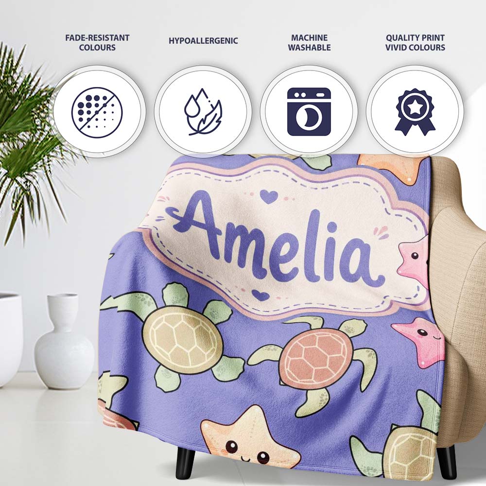 Cute Sea Turtles And Starfish Kawaii Purple Ocean Seamless Pattern Personalised Custom Name Super Soft Fleece Blanket Bed Sofa Throw