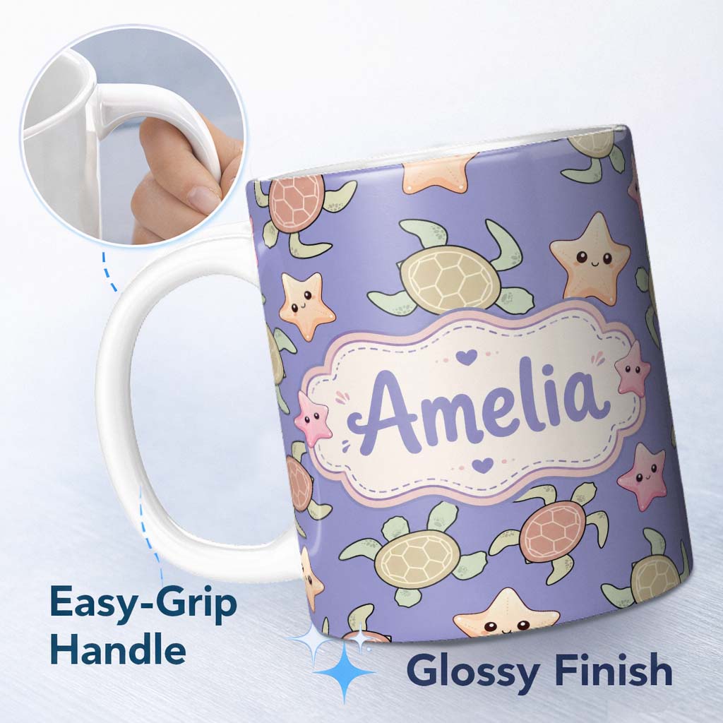 Personalized Custom Name Cute Sea Turtles And Starfish Kawaii Purple Ocean Seamless Pattern 11oz Ceramic Coffee Tea Mug White Large Handle