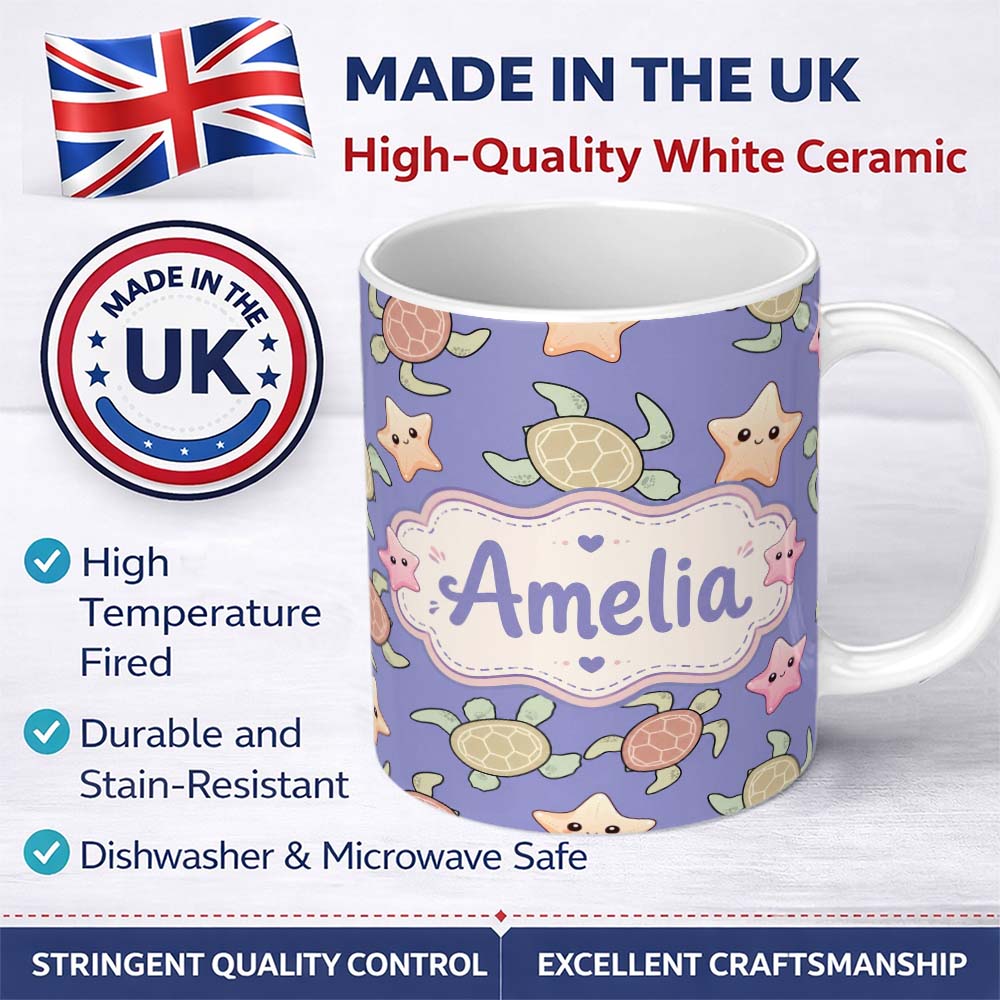 Personalized Custom Name Cute Sea Turtles And Starfish Kawaii Purple Ocean Seamless Pattern 11oz Ceramic Coffee Tea Mug White Large Handle