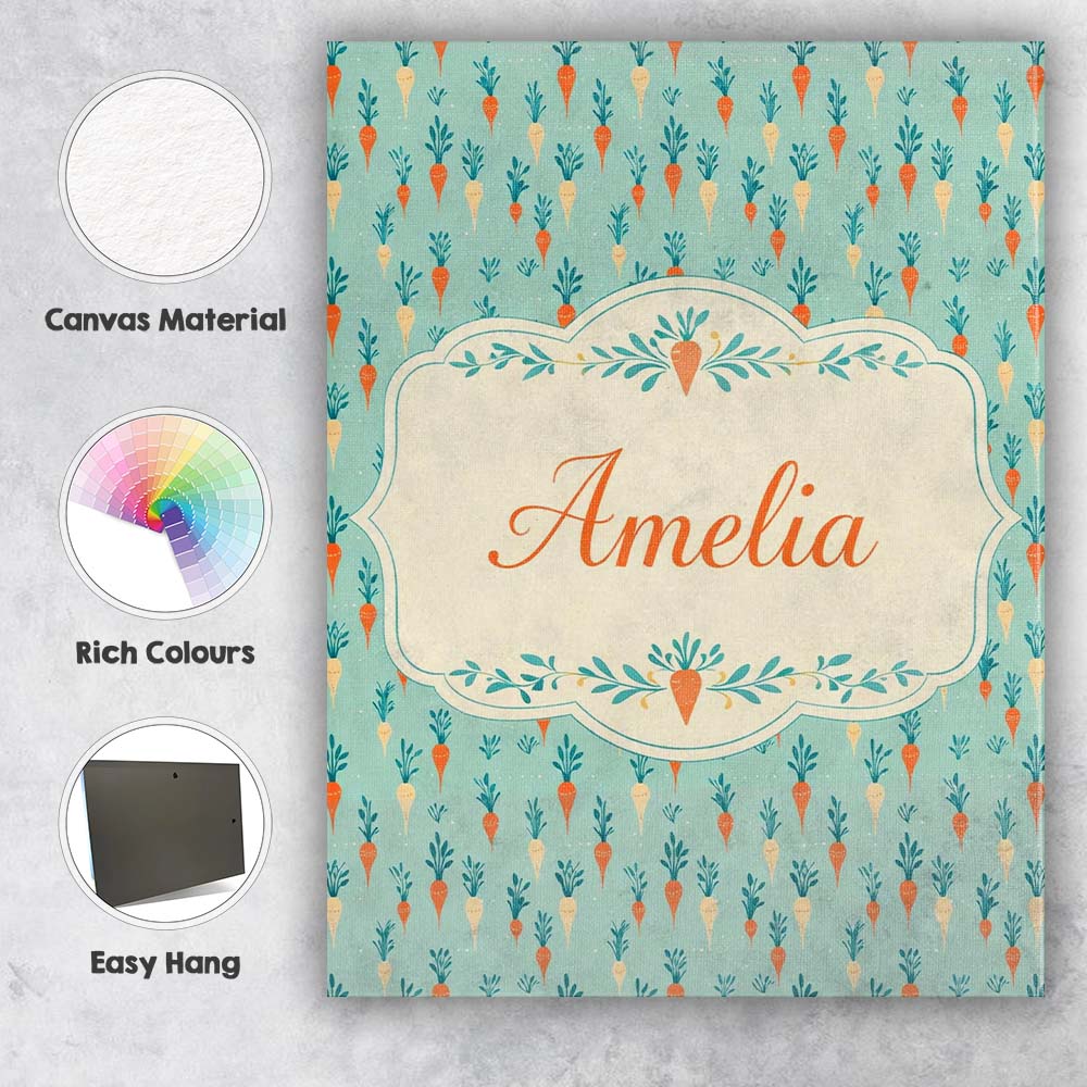 Personalised Name Pastel Carrot Folk Style Seamless Pattern Mint Custom Interior Canvas Wall Art Print Decor Picture Ready to Hang