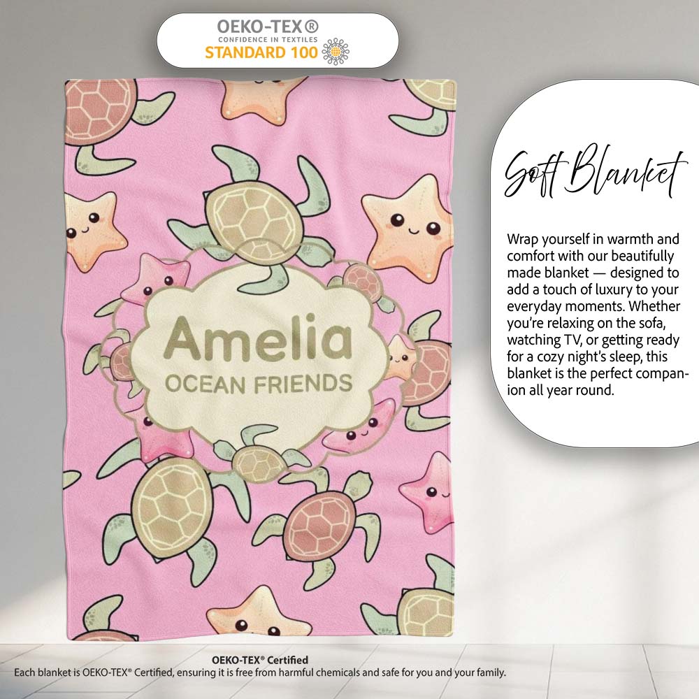 Cute Sea Turtles And Starfish Kawaii Soft Pink Ocean Seamless Personalised Custom Name Super Soft Fleece Blanket Bed Sofa Throw