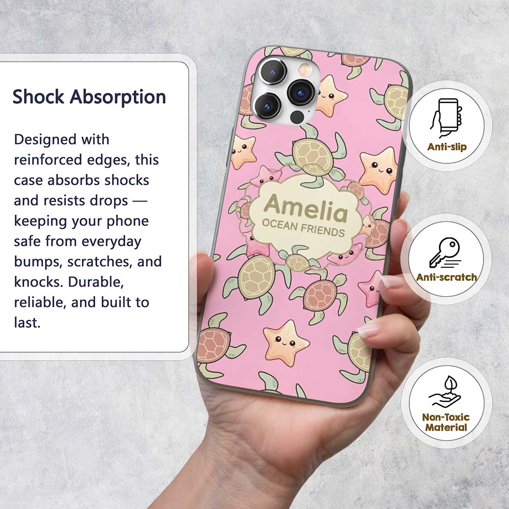Cute Sea Turtles And Starfish Kawaii Soft Pink Custom Name Protective Phone Case Mobile Cover Durable Everyday Smartphone Shock Resistant