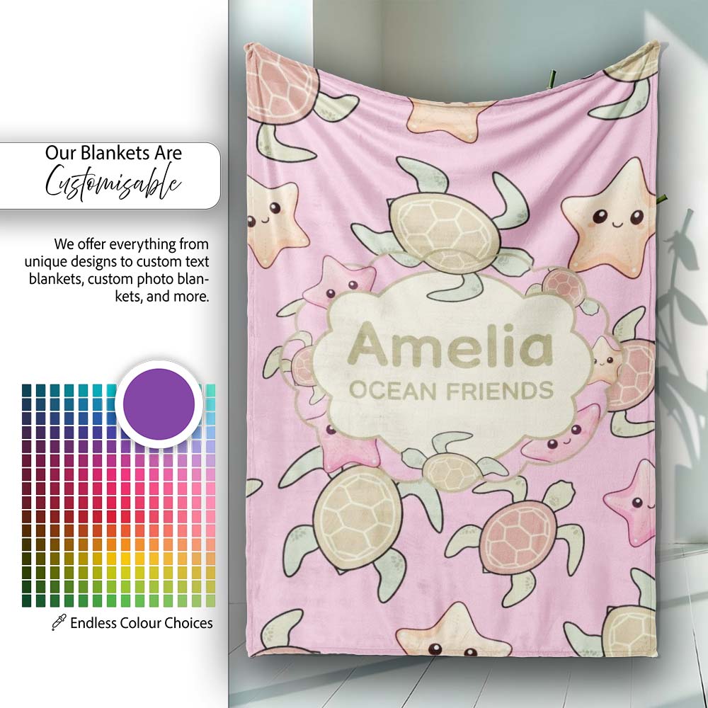 Cute Sea Turtles And Starfish Kawaii Soft Pink Ocean Seamless Personalised Custom Name Super Soft Fleece Blanket Bed Sofa Throw
