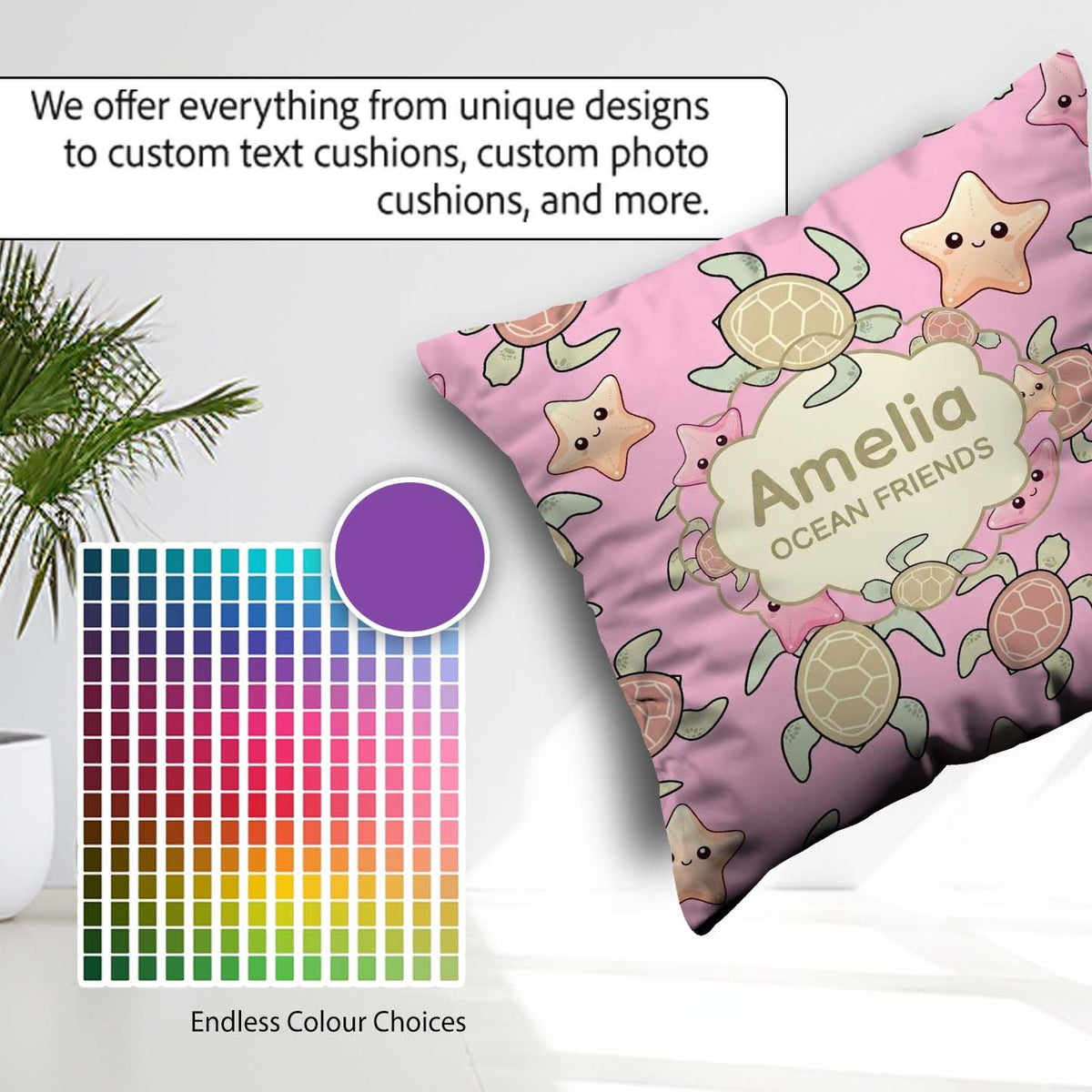 Custom Name Cute Sea Turtles And Starfish Kawaii Soft Pink Ocean Square Filled Cushion Throw Pillow Sofa Bed Home Decor Zip Washable UK Made