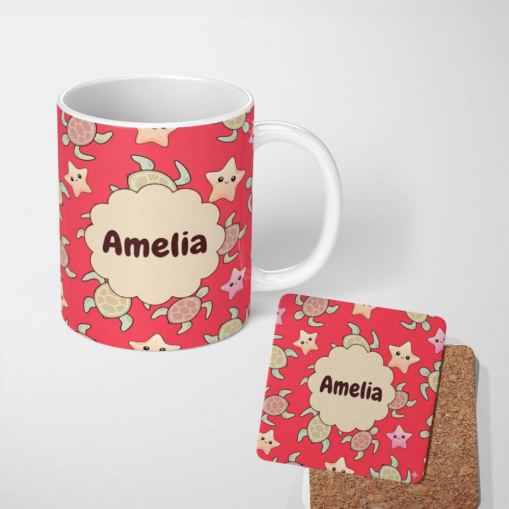 Personalized Custom Name Cute Sea Turtles And Starfish Kawaii Red Ocean Seamless Pattern Name 11oz Ceramic Coffee Tea Mug White Large Handle
