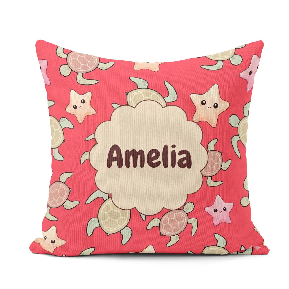 Custom Name Cute Sea And Starfish Kawaii Red Ocean Seamless Name Square Filled Cushion Throw Pillow Sofa Bed Home Decor Zip Washable UK Made