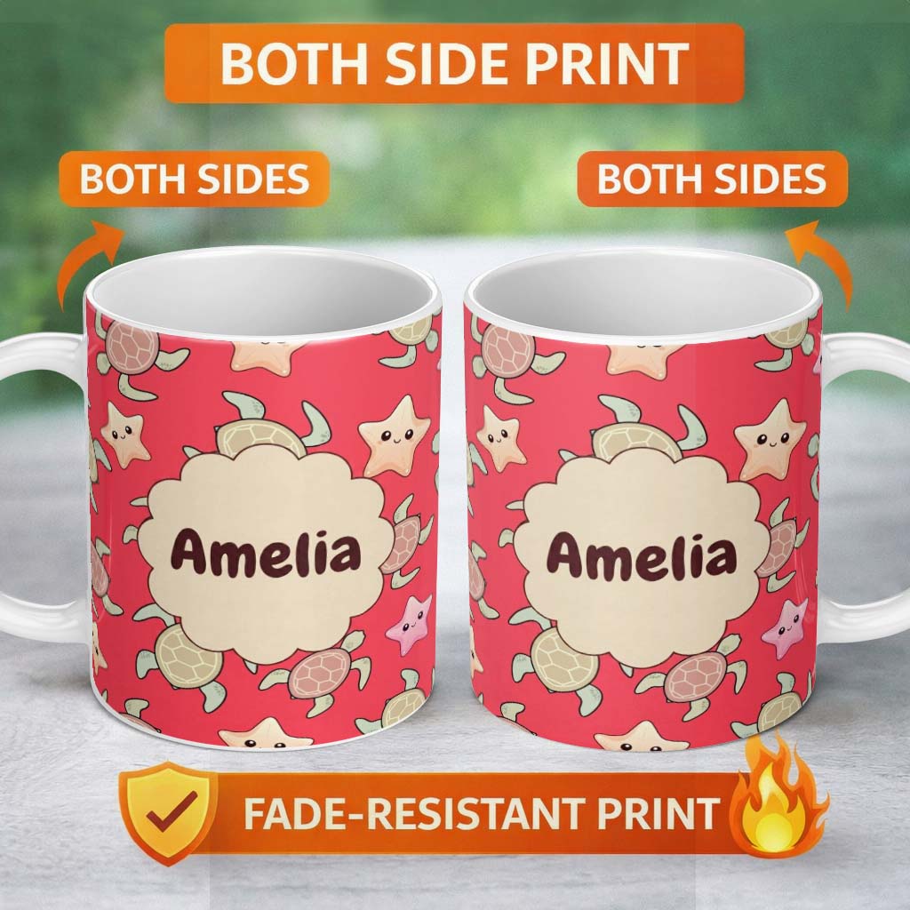Personalized Custom Name Cute Sea Turtles And Starfish Kawaii Red Ocean Seamless Pattern Name 11oz Ceramic Coffee Tea Mug White Large Handle