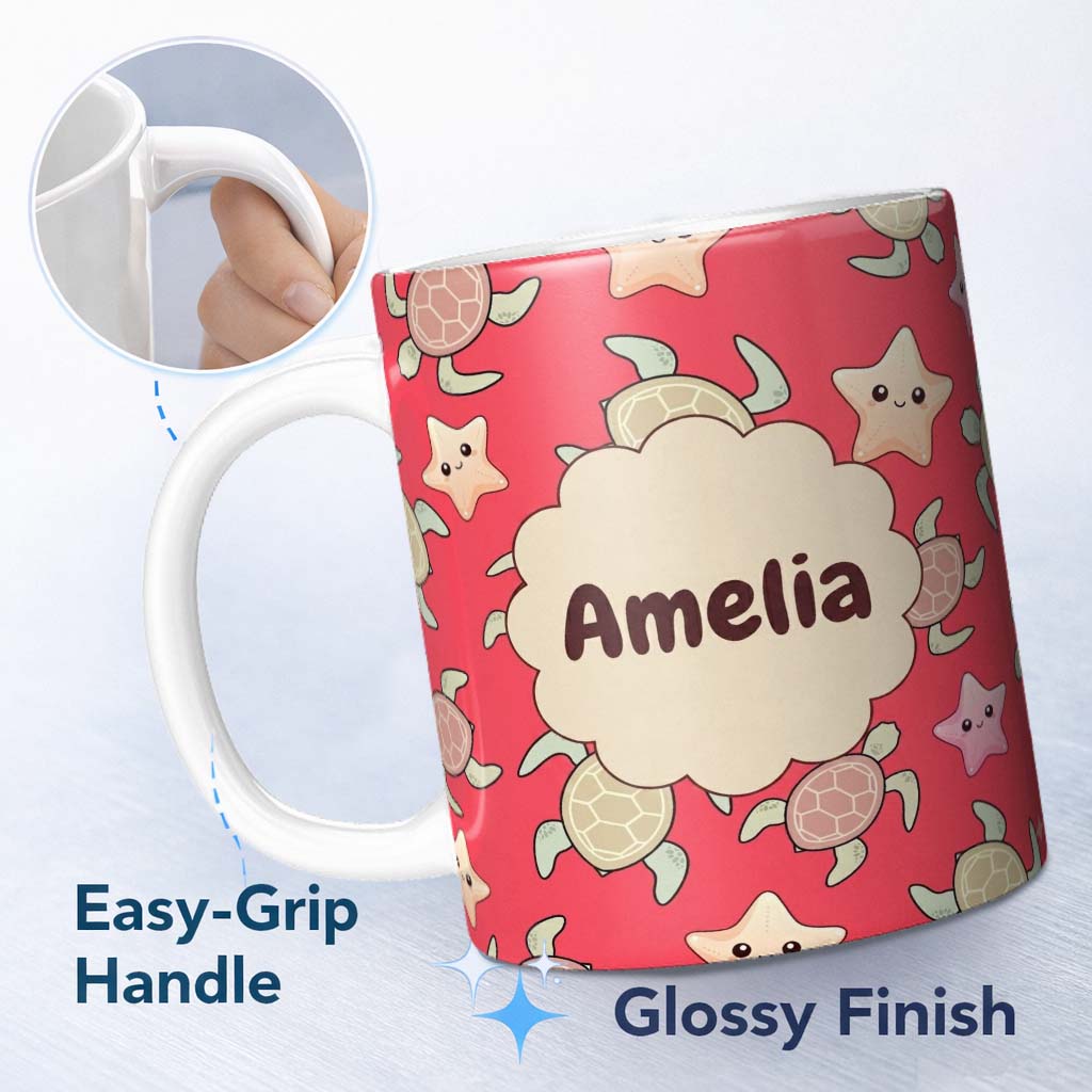 Personalized Custom Name Cute Sea Turtles And Starfish Kawaii Red Ocean Seamless Pattern Name 11oz Ceramic Coffee Tea Mug White Large Handle