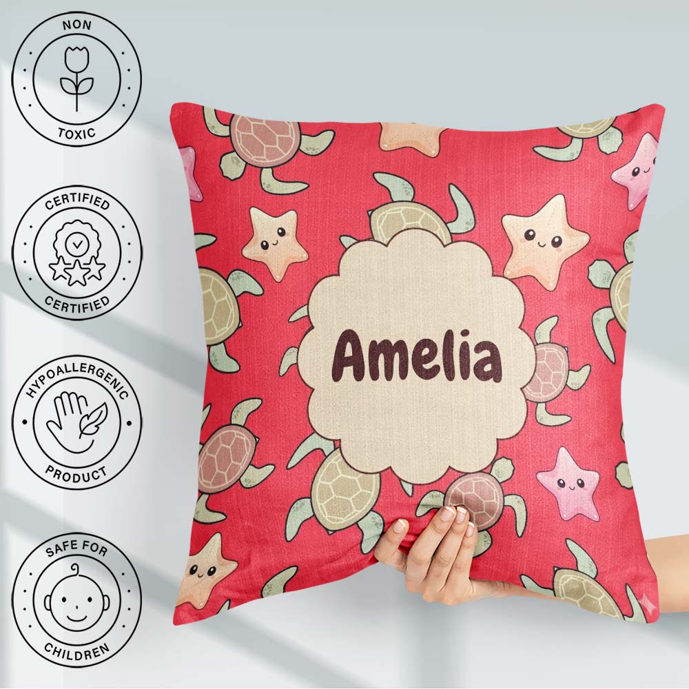 Custom Name Cute Sea And Starfish Kawaii Red Ocean Seamless Name Square Filled Cushion Throw Pillow Sofa Bed Home Decor Zip Washable UK Made