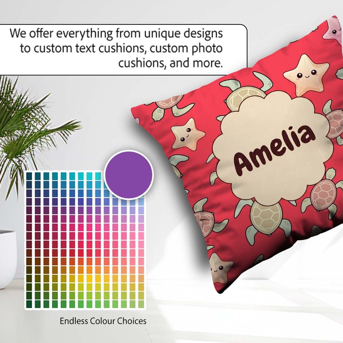 Custom Name Cute Sea And Starfish Kawaii Red Ocean Seamless Name Square Filled Cushion Throw Pillow Sofa Bed Home Decor Zip Washable UK Made