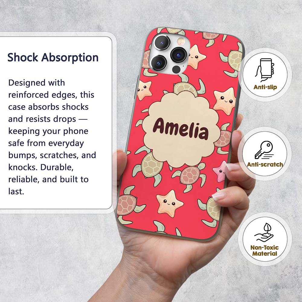 Cute Sea Turtles And Starfish Kawaii Red Ocean Custom Name Protective Phone Case Mobile Cover Durable Everyday Smartphone Shock Resistant