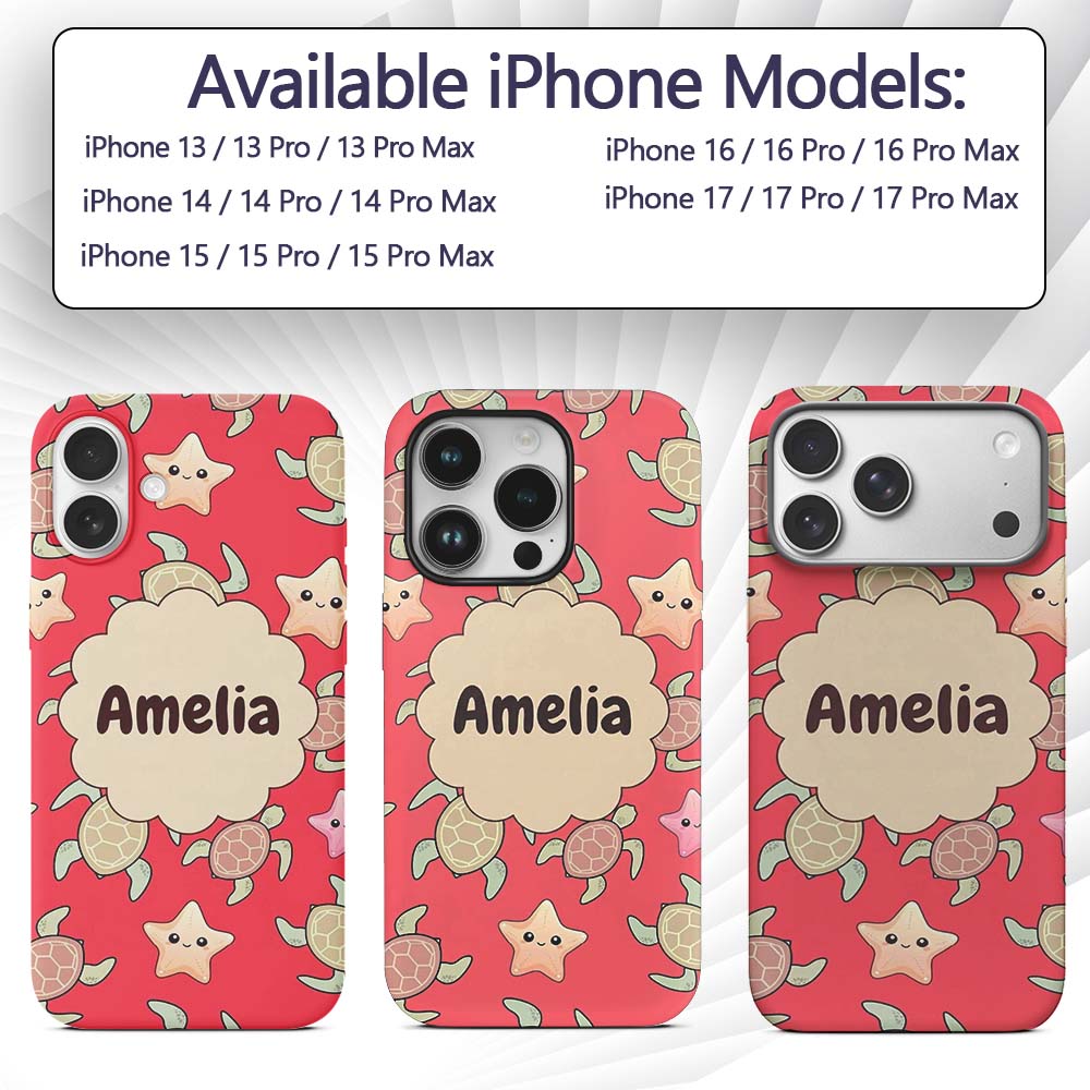 Cute Sea Turtles And Starfish Kawaii Red Ocean Custom Name Protective Phone Case Mobile Cover Durable Everyday Smartphone Shock Resistant