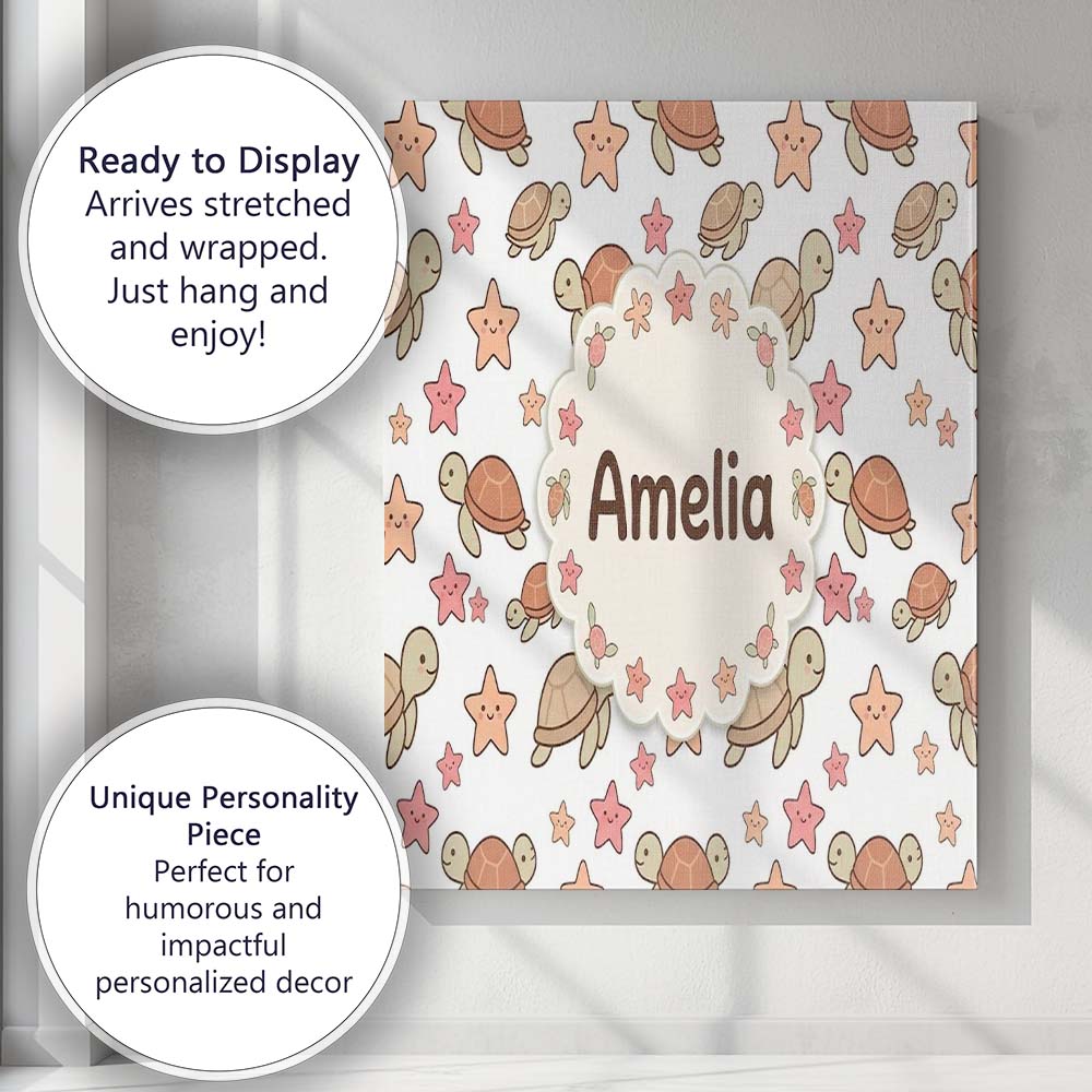 Personalised Name Cute Sea Turtles And Custom Modern Room Accent Elegant Feature Canvas Wall Art Print Decor Picture Ready to Hang